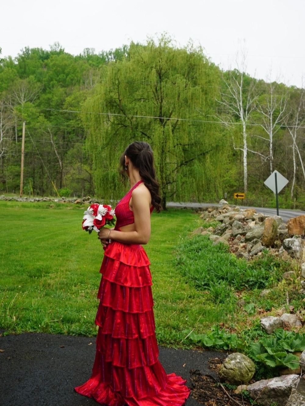 Red Tiered Prom Dress with Halter Neck
